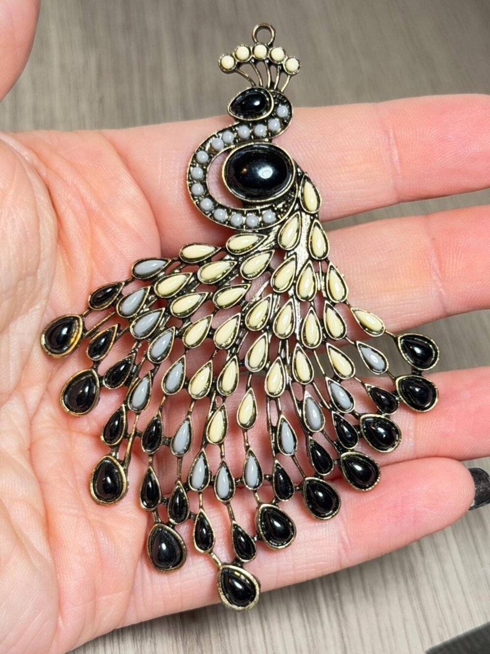 Peacock Pendant Vintage Black Cream Faux Pearl Statement Necklace Charm 3.75"